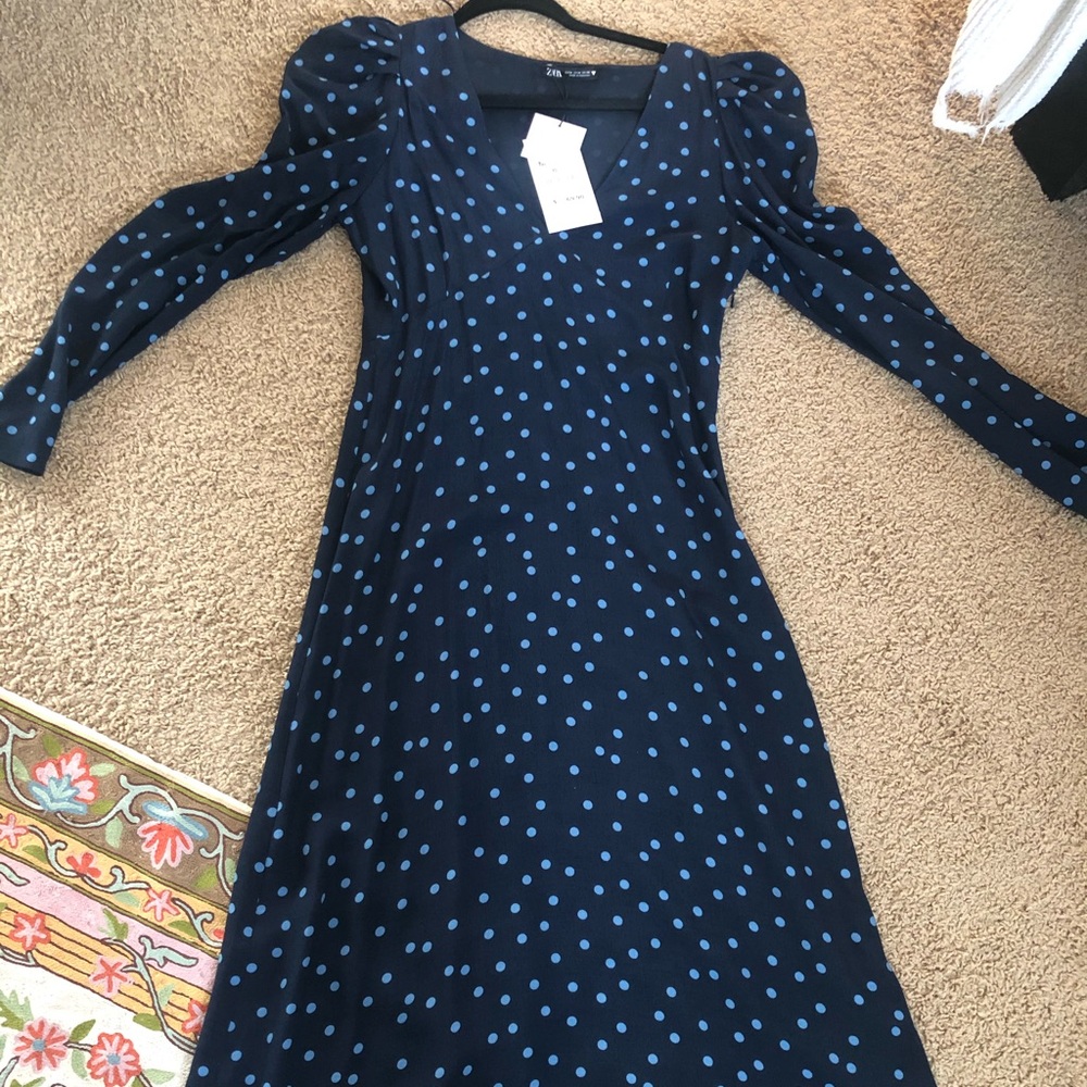 Zara Navy Blue Polka Dress - Picture 1 of 5